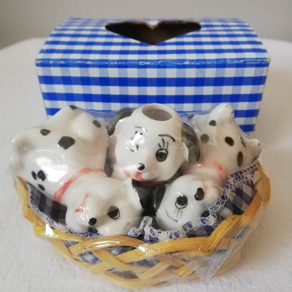 3 Dalmatian Dogs in a basket salt pepper and toothpick